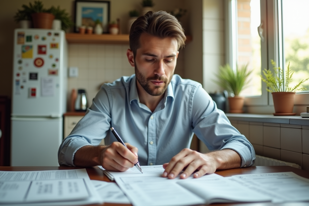 Jeune homme classant des papiers dans une cuisine lumineuse