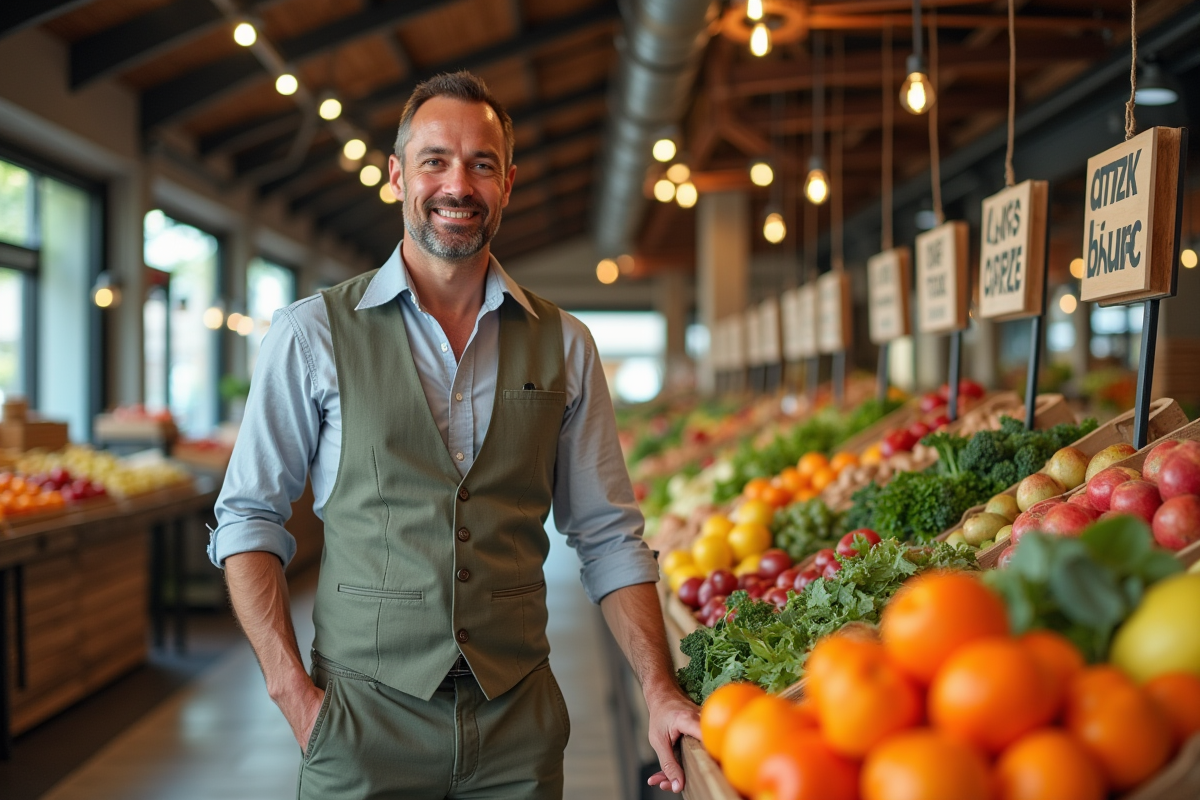 Homme d age arrangeant des produits frais dans un marché intérieur