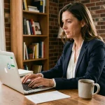 Freelance féminine travaillant sur une plateforme de mise en relation professionnelle depuis son bureau à domicile
