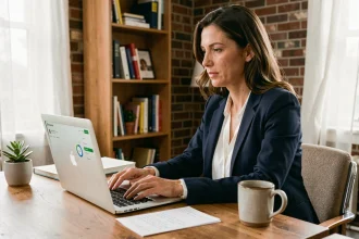 Freelance féminine travaillant sur une plateforme de mise en relation professionnelle depuis son bureau à domicile