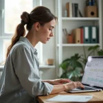 Indépendante utilisant une plateforme de prise de rendez-vous en ligne sur son ordinateur portable dans un bureau à domicile