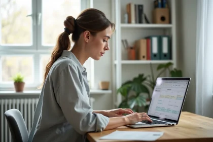 Indépendante utilisant une plateforme de prise de rendez-vous en ligne sur son ordinateur portable dans un bureau à domicile