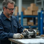 Ingénieur en atelier vérifiant un cylindre hydraulique