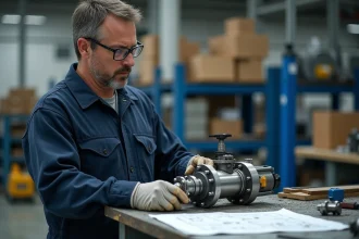 Ingénieur en atelier vérifiant un cylindre hydraulique