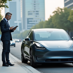 Ingénieur homme vérifiant données sur tablette près d'une voiture électrique