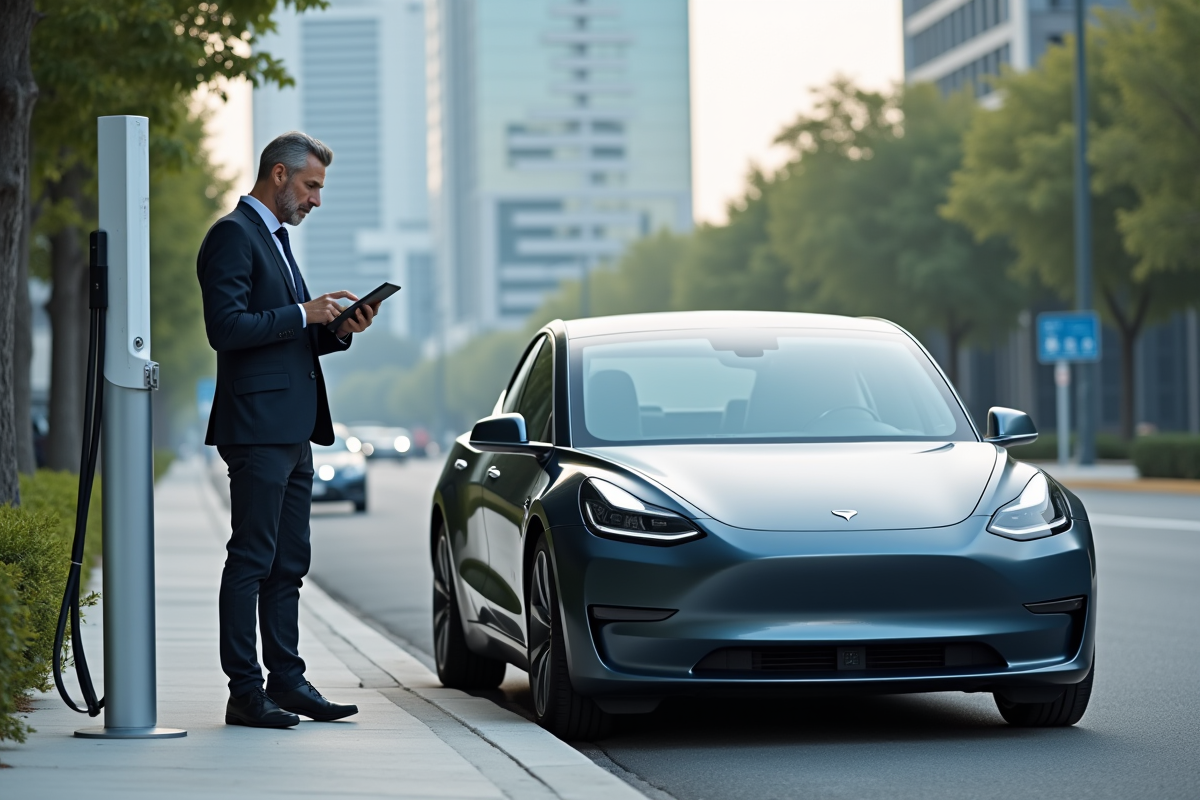 Ingénieur homme vérifiant données sur tablette près d'une voiture électrique