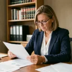 Femme professionnelle relisant des documents administratifs pour une inscription à l'ordre du jour d'une assemblée