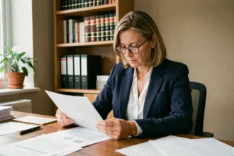 Femme professionnelle relisant des documents administratifs pour une inscription à l'ordre du jour d'une assemblée