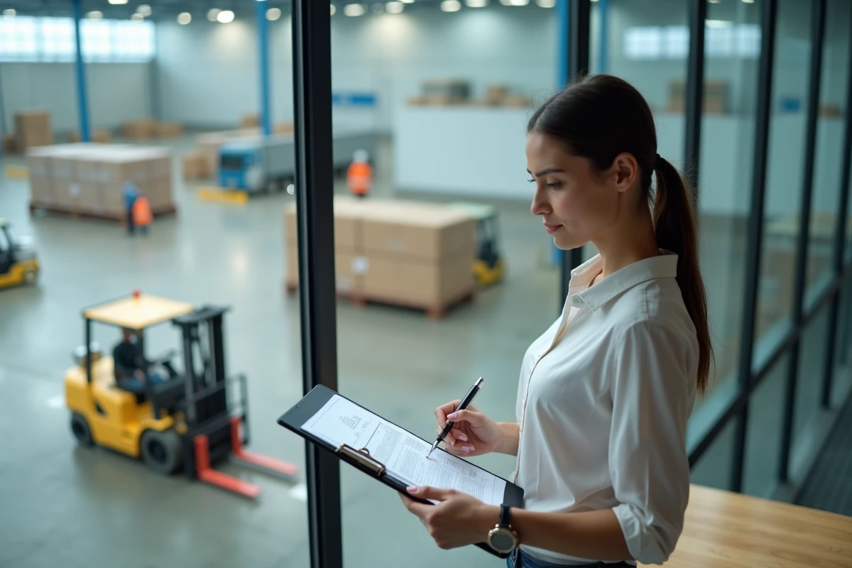 Jeune femme inspectant un manifeste dans un bureau logistique