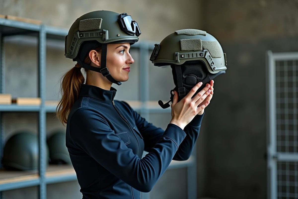 Instructrice tactique inspectant un casque modulaire à l'intérieur d'un centre de formation équipé