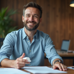 Inventeur homme confiant avec prototype dans un bureau moderne