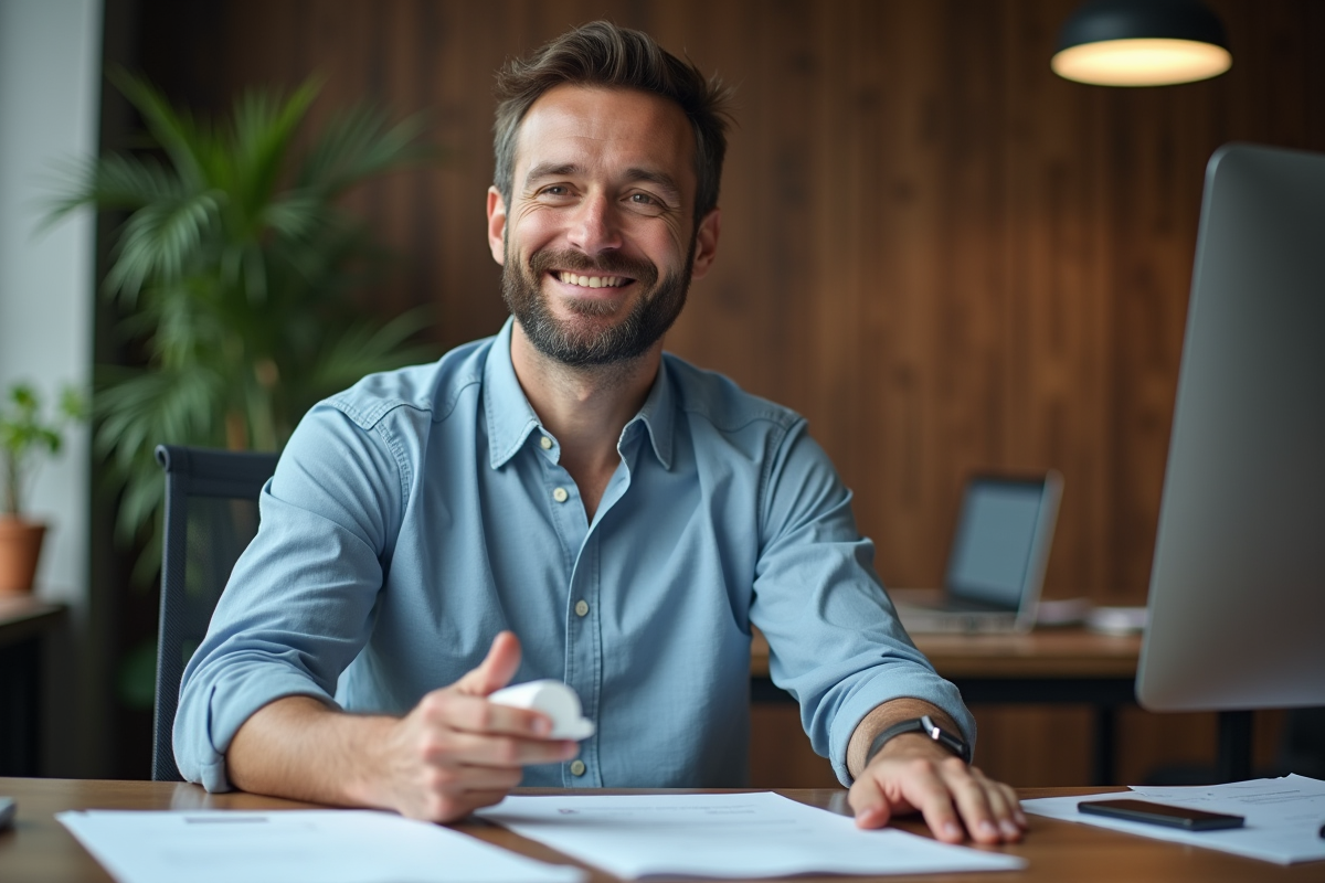 Inventeur homme confiant avec prototype dans un bureau moderne