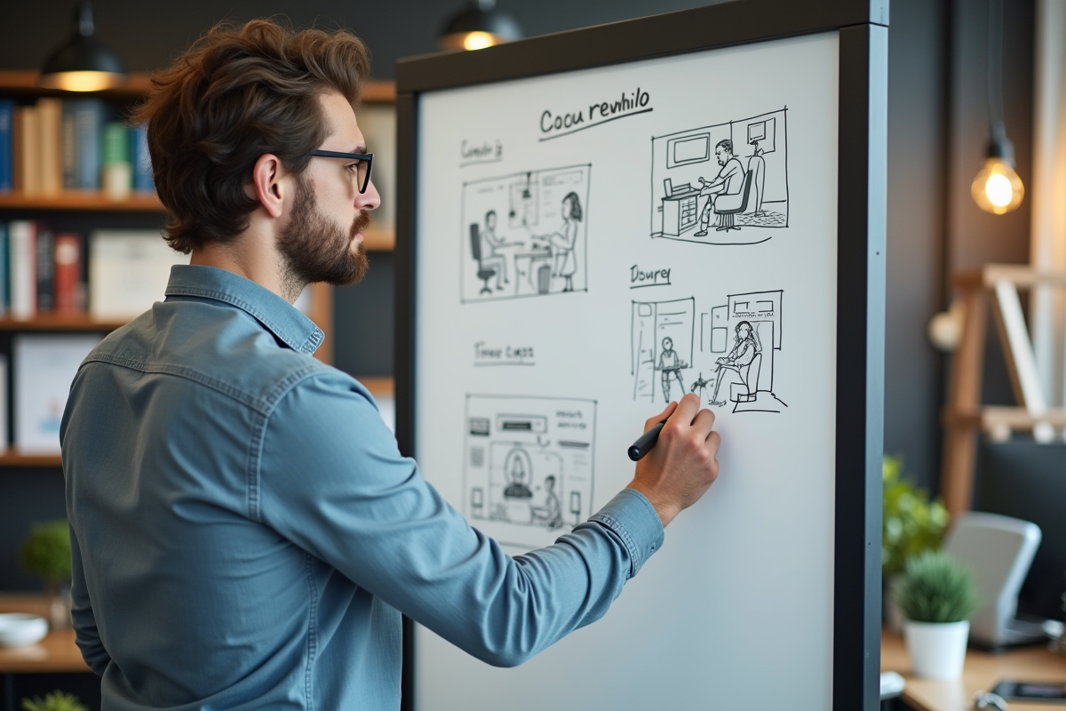 Jeune professionnel esquissant un storyboard dans un bureau