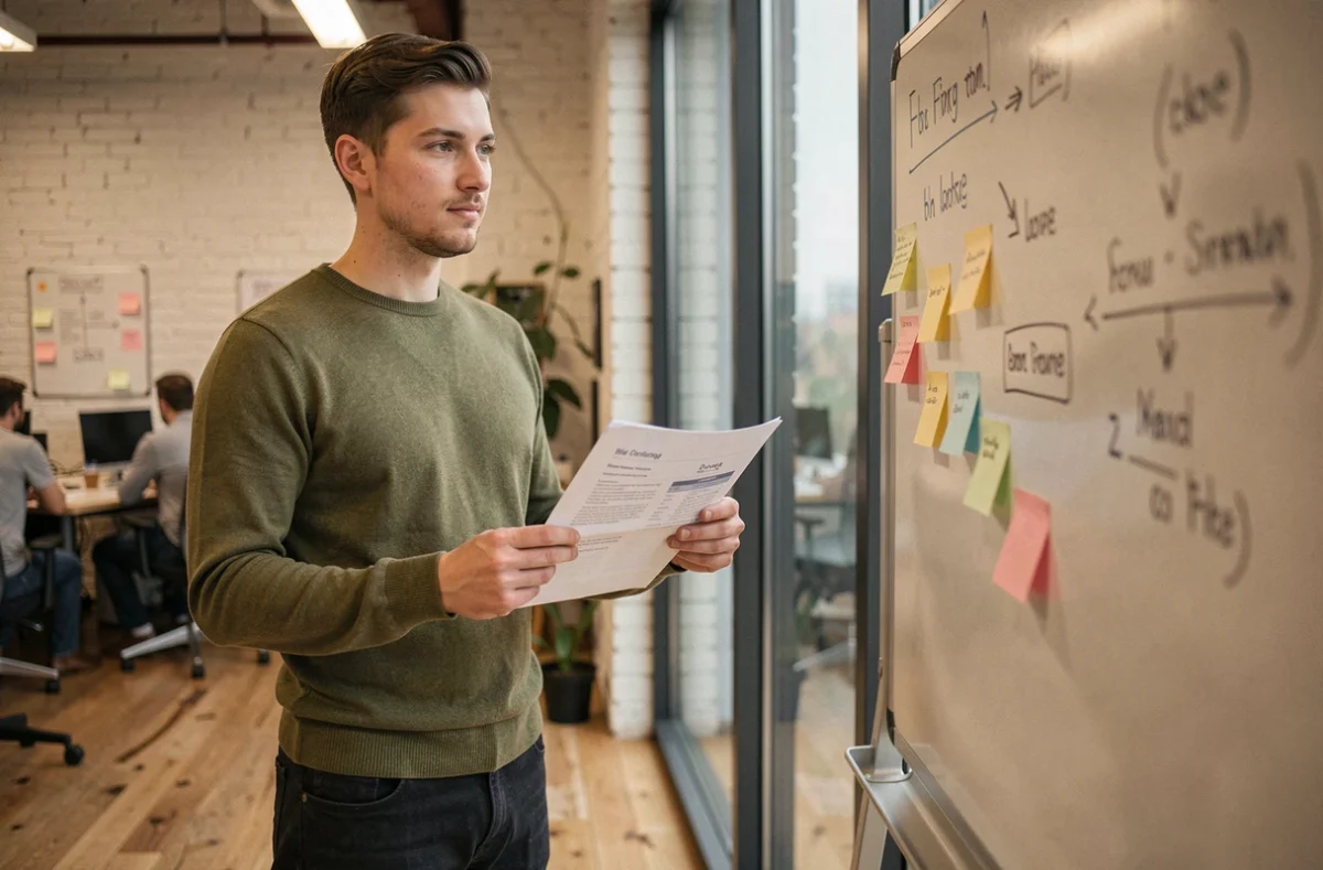 Jeune entrepreneur réfléchissant à son plan d'affaires dans un incubateur de startups, entouré d'outils de travail collaboratif illustrant l'écosystème d'accompagnement à Nantes