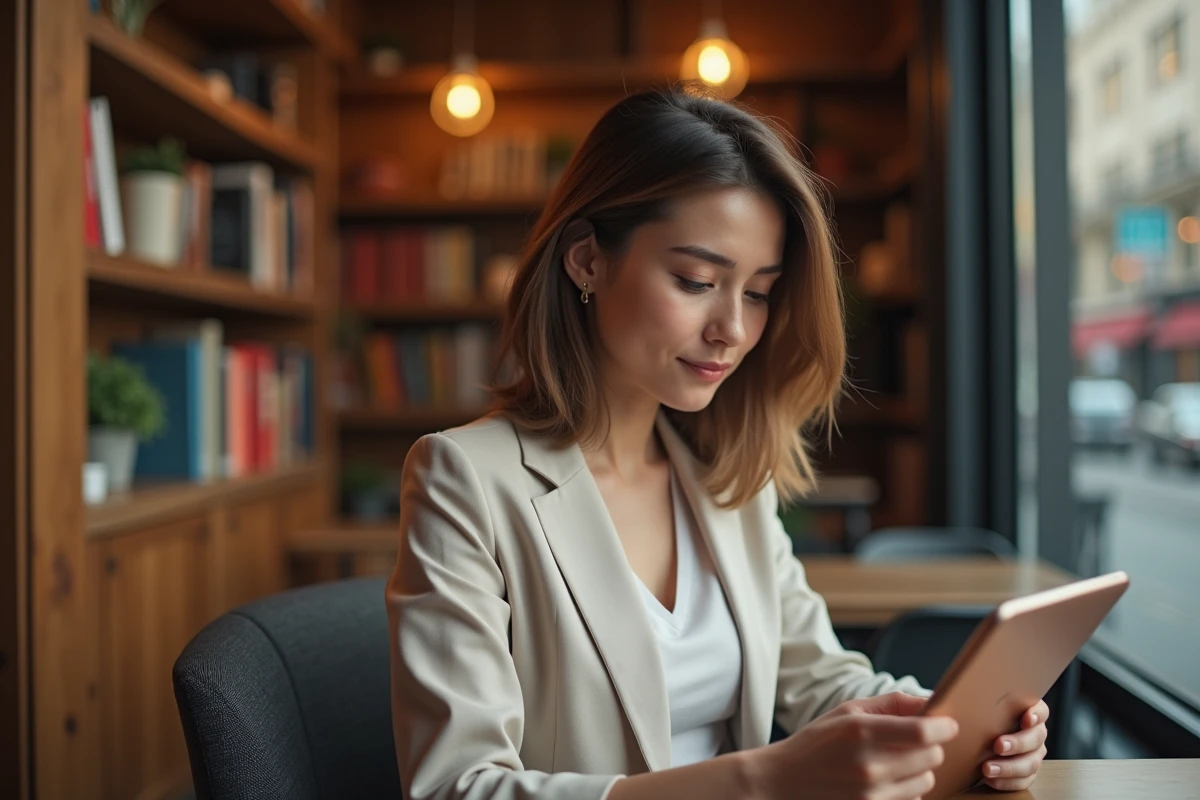 Jeune femme écrivant un article dans un café chaleureux