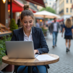 Jeune femme souriante au café avec ordinateur en plein air