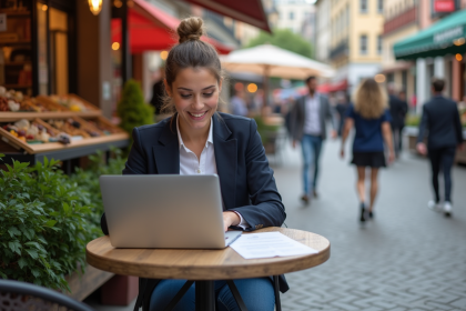 Jeune femme souriante au café avec ordinateur en plein air