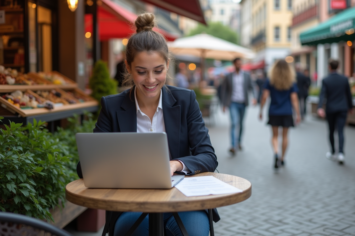 Jeune femme souriante au café avec ordinateur en plein air