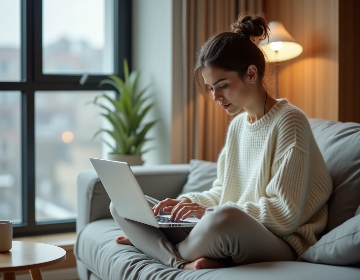 Jeune femme configurant sa facturation en ligne sur un ordinateur portable depuis son canapé à domicile