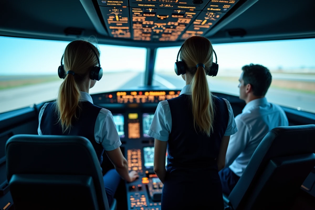 Jeune femme stagiaire pilote avec instructeur en simulateur
