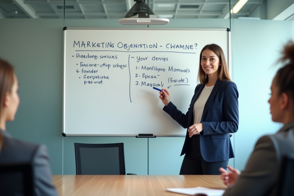 Jeune femme présentant des objectifs marketing au tableau