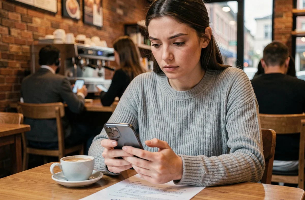 Jeune femme consultant ses emails de relance employeur sur smartphone dans un café avec un document de solde de tout compte posé sur la table