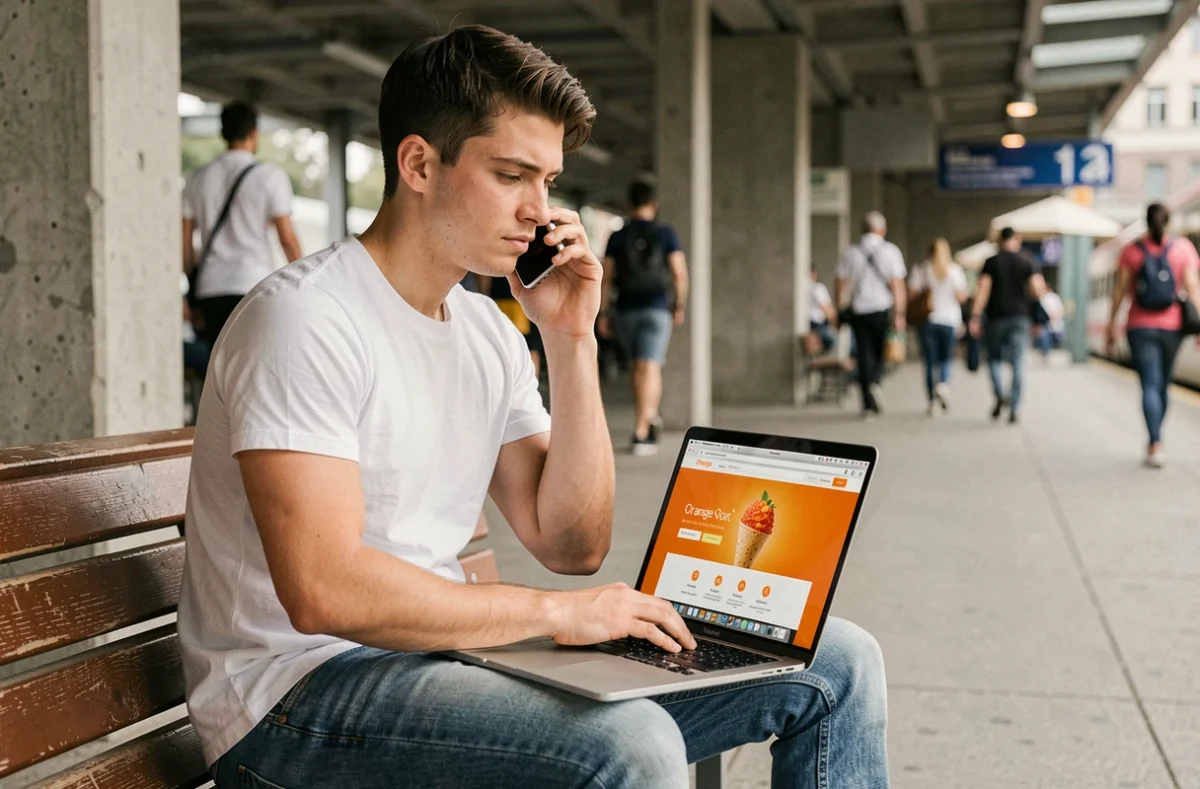 Jeune homme contactant Orange par téléphone tout en consultant le site web sur son ordinateur portable