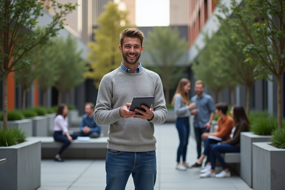 Jeune homme présentant des graphiques marketing en extérieur