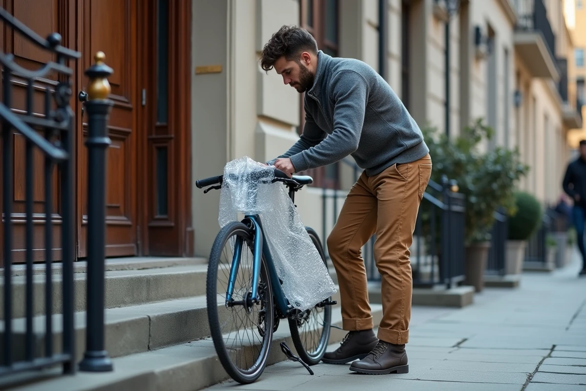 Jeune homme emballant un vélo à l