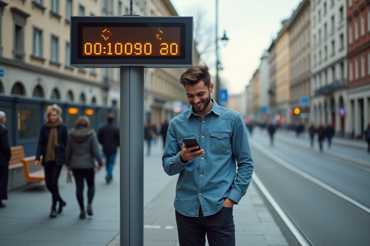 Jeune homme souriant vérifiant son téléphone à un arrêt de tram