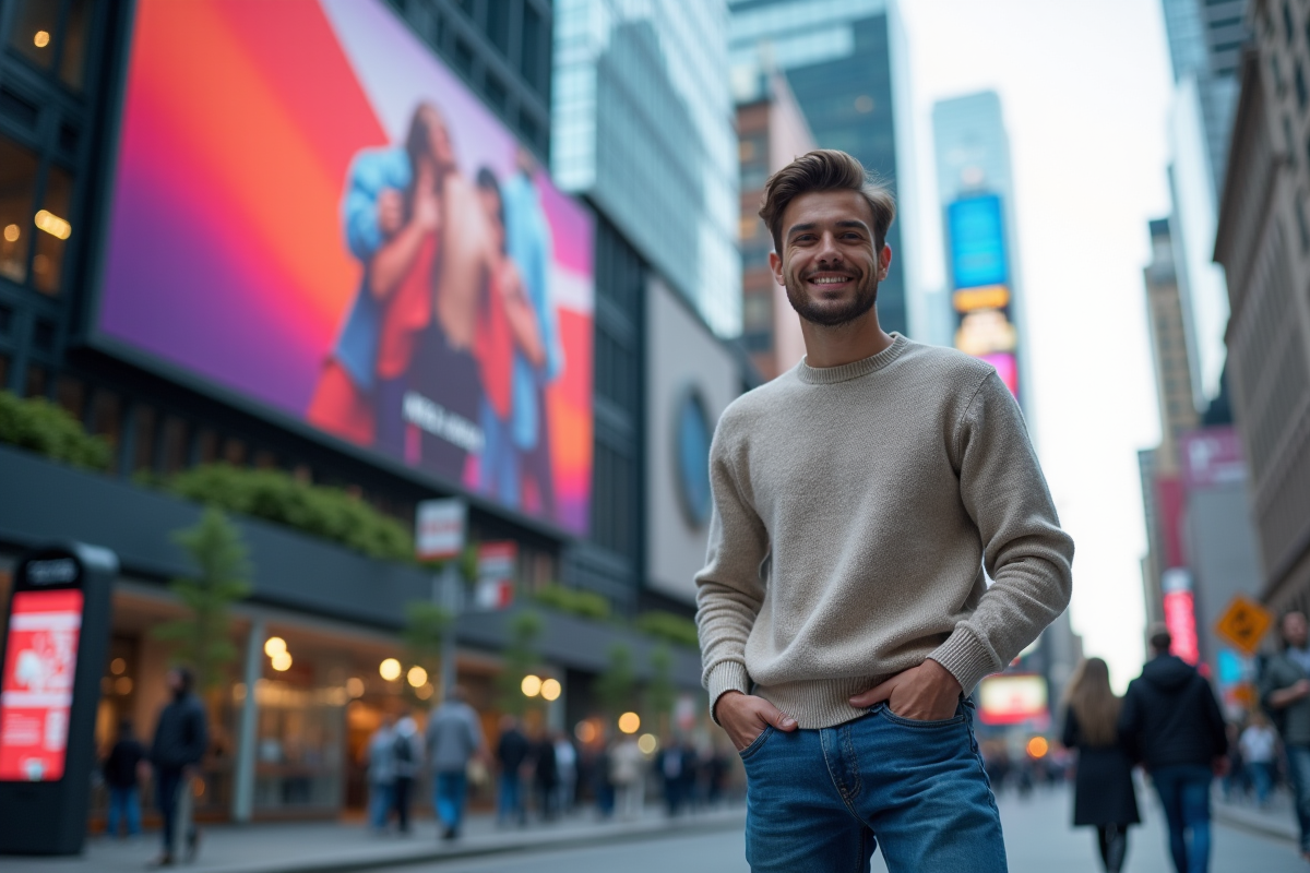 Jeune homme souriant devant un panneau publicitaire urbain