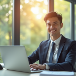 Jeune professionnel confiant au bureau en forme de W