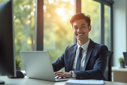 Jeune professionnel confiant au bureau en forme de W