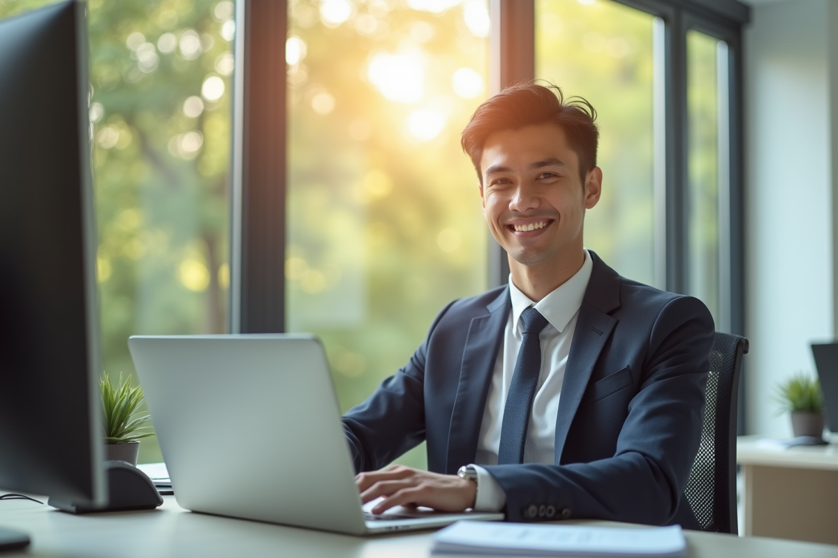 Jeune professionnel confiant au bureau en forme de W