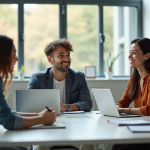 Jeunes stagiaires marketing avec mentor dans une réunion professionnelle