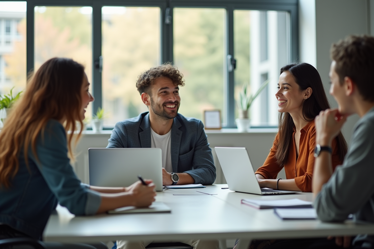 Jeunes stagiaires marketing avec mentor dans une réunion professionnelle