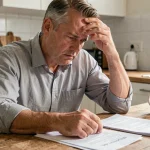 Homme inquiet consultant des documents administratifs liés à un licenciement pour faute grave à sa table de cuisine