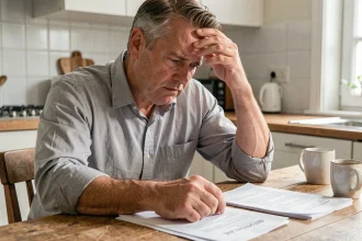 Homme inquiet consultant des documents administratifs liés à un licenciement pour faute grave à sa table de cuisine