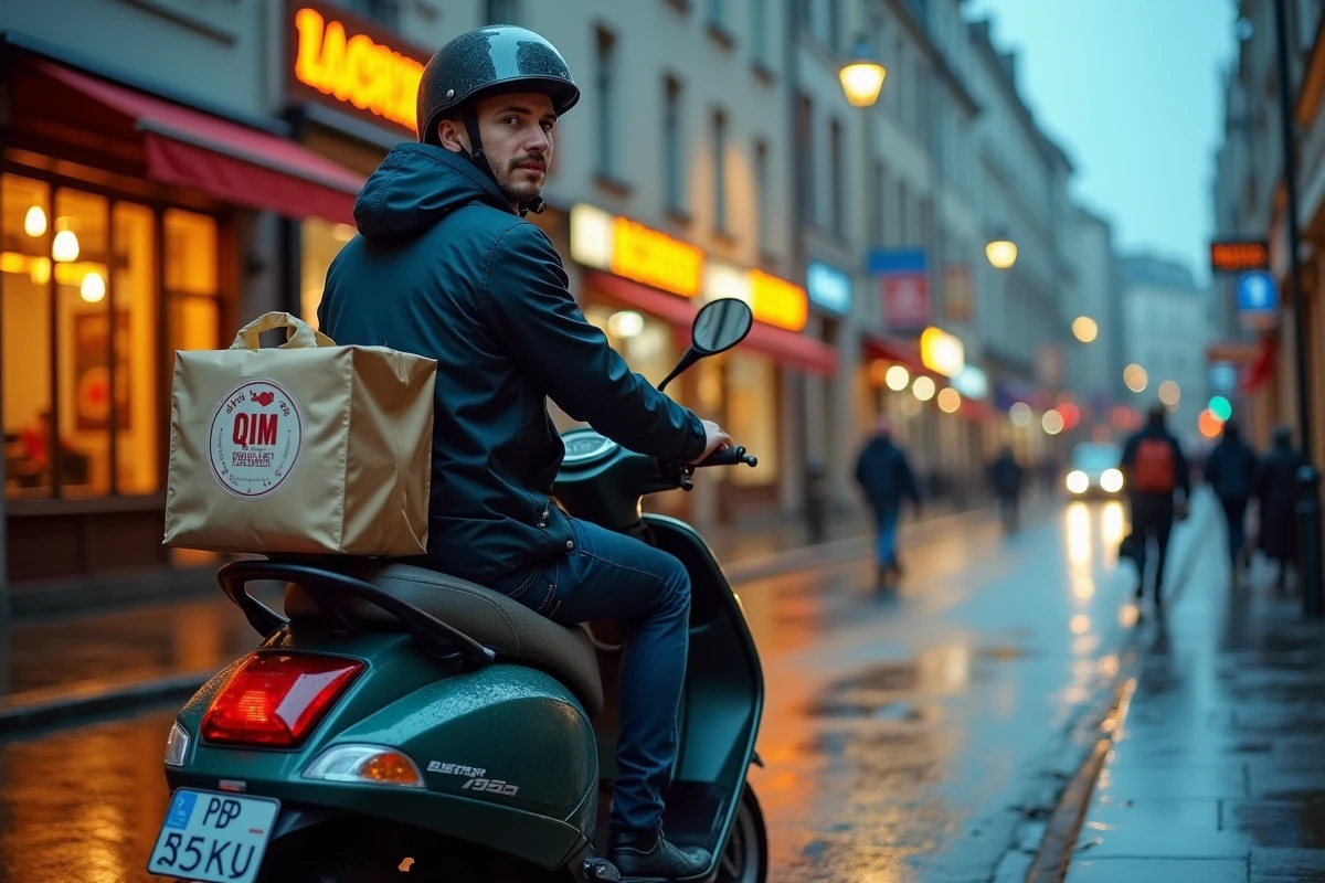 Jeune livreur Uber Eats à scooter dans une rue commerçante urbaine avec sac isotherme de livraison