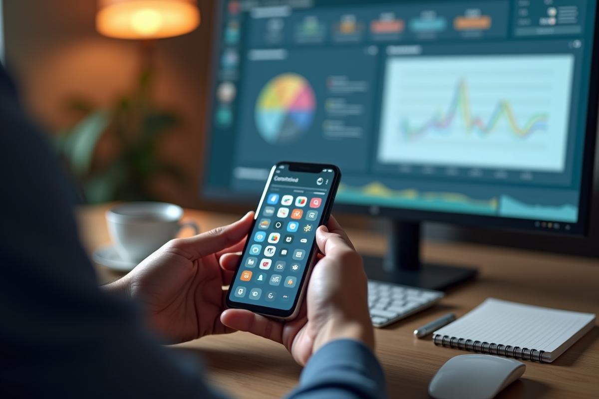 Mains tenant un smartphone avec notifications et tableau de gestion