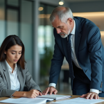 Manager homme en costume face à une femme au bureau