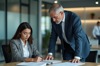 Manager homme en costume face à une femme au bureau