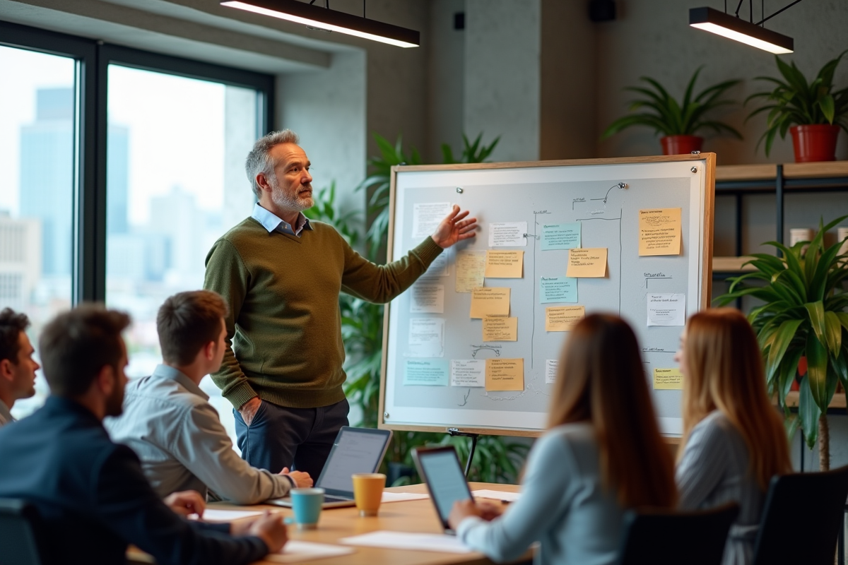 Homme marketing présentant une stratégie devant ses collègues