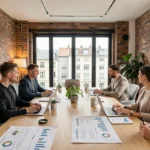Équipe d'une agence de marketing digital dans le Grand Est réunie autour d'une table de conférence moderne