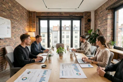Équipe d'une agence de marketing digital dans le Grand Est réunie autour d'une table de conférence moderne