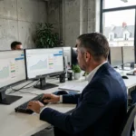 Consultant SEO professionnel travaillant sur des tableaux de bord analytiques dans un bureau moderne en Loire-Atlantique