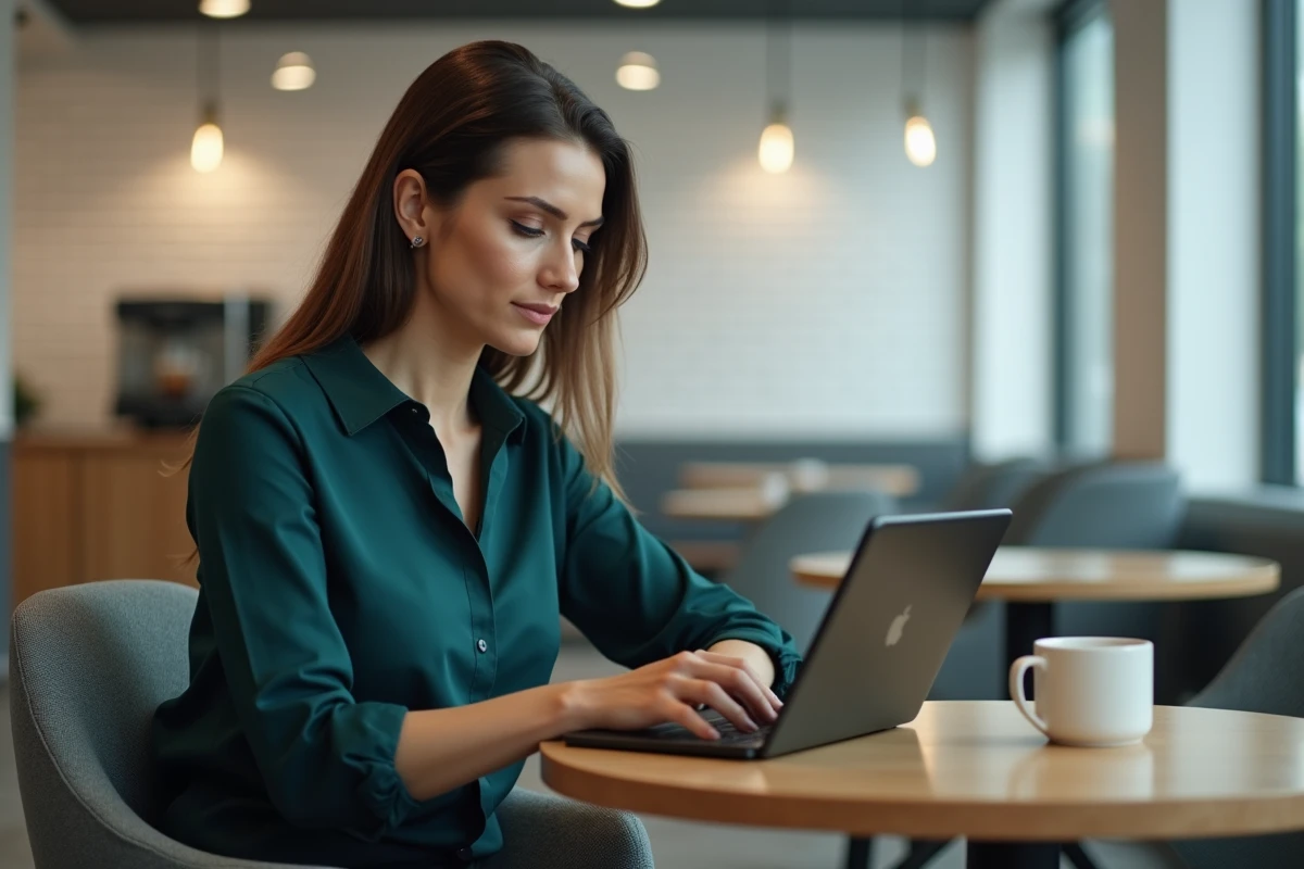 Femme consultant ses emails professionnels sur une tablette dans une salle de pause d'entreprise