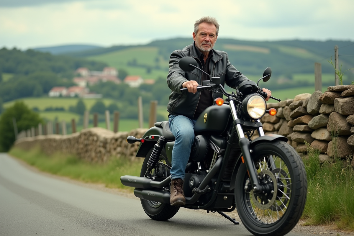 Homme français en moto dans la campagne paisible