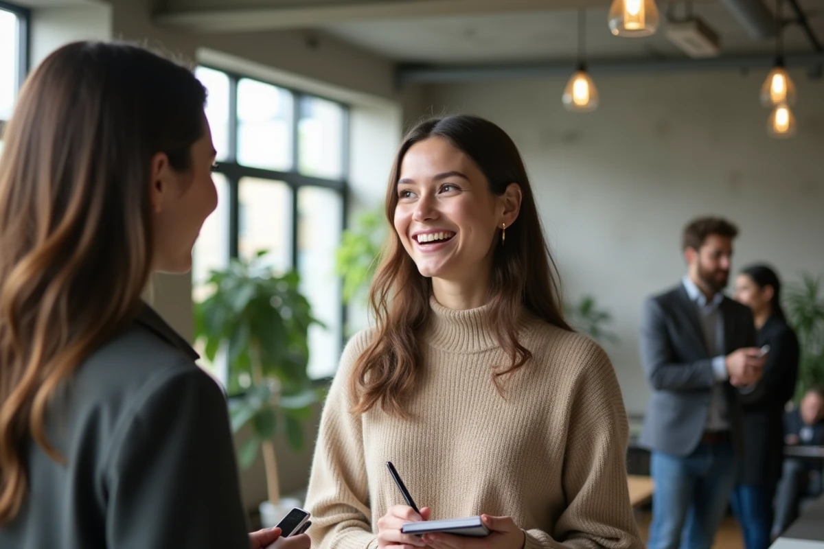 Jeune débutante en networking exprimant son intérêt pour un poste lors d'un événement professionnel en espace de coworking