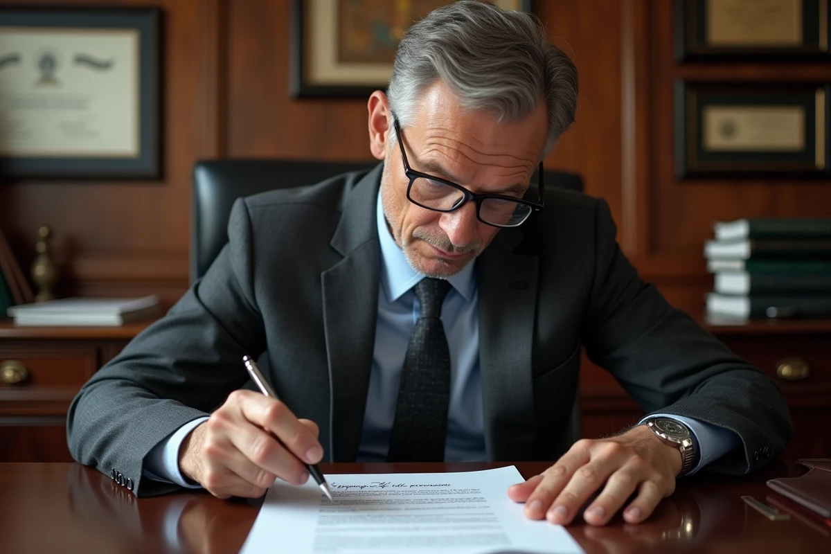 Notaire examinant une clause manuscrite conforme sur un contrat officiel dans un bureau juridique